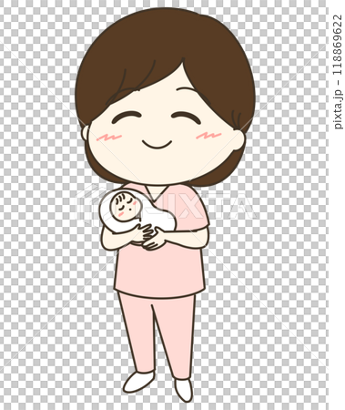 A cute illustration of a nurse holding a baby 118869622