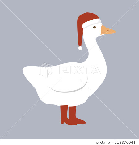Cute funny cartoon goose in Santa Claus hat and red boots. Merry Christmas character. Vector isolated illustration 118870041
