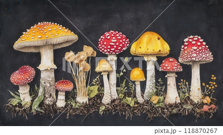 Detailed botanical drawing showcasing Amanita muscaria and and other mushrooms 118870267