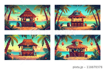 Tiki beach bar cartoon vector scenes. Tribal masks snacks drinks cocktails wooden hut palm sand tropical summer coast ocean sea landscape vacation concepts 118870378