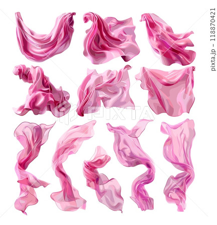 Silk flying neck scarf cartoon vector set. Pink fabric satin fluttering curtain ribbon luxurious textile floating drapery, illustrations isolated on white background 118870421