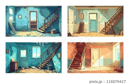 Old abandoned house cartoon vector concepts. Door staircase window scratches walls broken furniture cracks marks splits ruins devastation mess empty interior illustrations Old abandoned house cartoon vector concepts. Door staircase window scratches walls broken furniture cracks marks splits ruins devastation mess empty interior illustrations 118870427