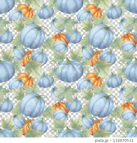 Blue and orange pumpkins with green leaves and vines backdrop. Watercolor seamless pattern great for textile designs, seasonal gift wrap, kitchen towels, and fall-themed party invitations Blue and orange pumpkins with green leaves and vines backdrop. Watercolor seamless pattern great for textile designs, seasonal gift wrap, kitchen towels, and fall-themed party invitations 118870511