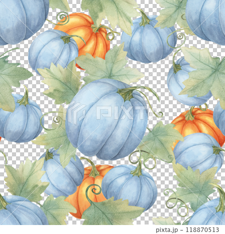 Blue and orange pumpkins with green leaves and vines backdrop. Watercolor seamless pattern great for textile designs, seasonal gift wrap, kitchen towels, and fall-themed party invitations Blue and orange pumpkins with green leaves and vines backdrop. Watercolor seamless pattern great for textile designs, seasonal gift wrap, kitchen towels, and fall-themed party invitations 118870513