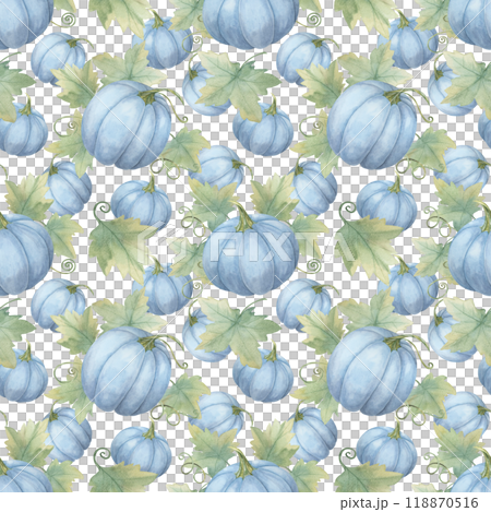 Blue pumpkins with green leaves and vines dense background. Seamless watercolor pattern for creating autumn-inspired home decor, event invitations, party supplies, and eco-friendly packaging Blue pumpkins with green leaves and vines dense background. Seamless watercolor pattern for creating autumn-inspired home decor, event invitations, party supplies, and eco-friendly packaging 118870516