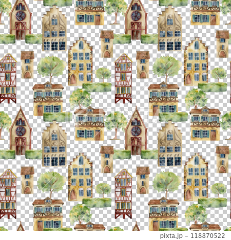 Old European city town street houses urban facades, trees. Historical cityscape building. Watercolor hand drawn seamless banner. For tourist shops, souvenirs, travel brochures, architectural bureau 118870522