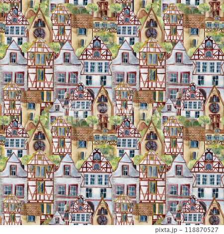 Old European city town village houses street view. Historical cityscape building, green hedge trees, parked bicycle. Watercolor hand drawn seamless pattern. Tourist shops, souvenirs, travel brochures 118870527