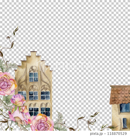 Old European city town street houses facades, rose berry ivy vine flowers. Historical cityscape building. Watercolor hand drawn border frame. Tourist shops, souvenirs, travel brochures, real estate 118870529