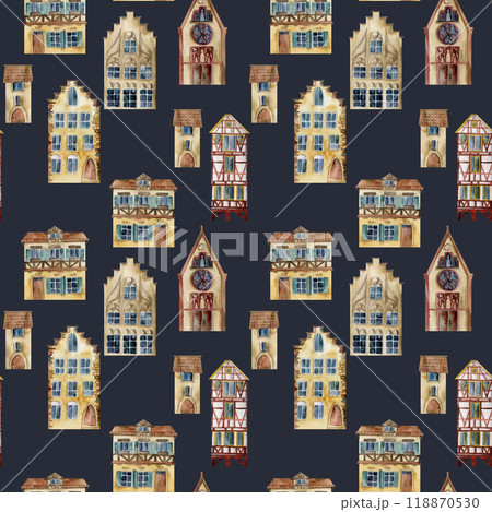 Old European city town street houses, urban exterior facades. Historical cityscape building. Watercolor hand drawn seamless pattern. Tourist shops, souvenirs, travel brochures, architectural bureau 118870530
