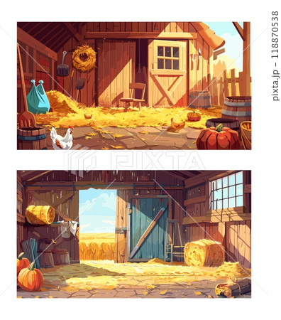 Chickens barn farm cartoon vector scenes. Straw stacks hay pumpkin bags ladder nests window boards old wood rural storage interior countryside concepts 118870538