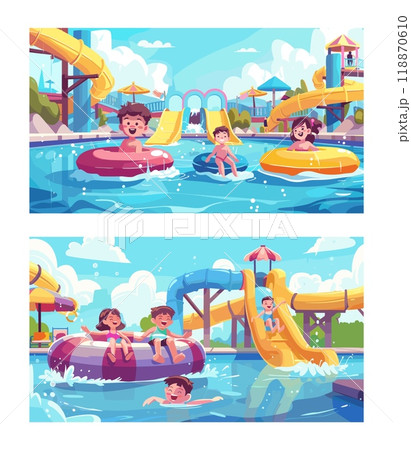 Aquatic park cartoon vector scenes. Waterpool spiral happy kids boy girl pipes slides loungers umbrellas swimming pool sun tropical recreation resort characters landscape trip vacation illustrations 118870610
