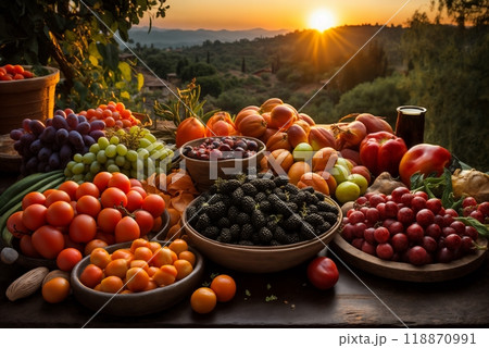 fresh vegetables and herbs on the street counter, rural market, view of the hills at sunset, beautiful summer nature 118870991