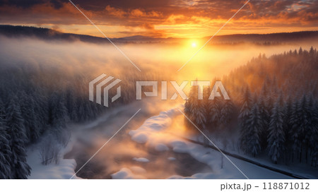 Beautiful dramatic sky at sunset, with cumulus clouds, aerial view, winter forest with snow, picturesque abstract background 118871012