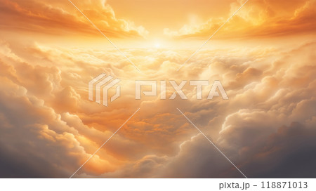 Beautiful dramatic sky at sunset, with cumulus clouds, aerial view, picturesque abstract background 118871013