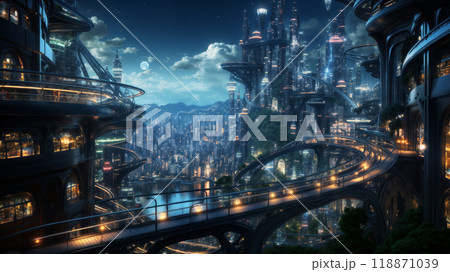 futuristic city streets in the late evening, building exteriors and bridges, roads and transport against the background of mountains and lakes, integration with nature 118871039