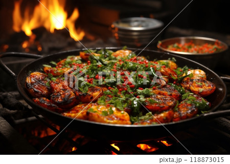 cooking on fire, potatoes with tomatoes, herbs and vegetables, roast in a frying pan, delicious food 118873015