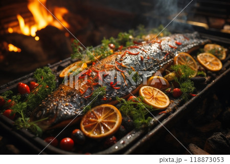 cooking fish with vegetables and herbs on fire, barbecue, flames and smoke, delicious food 118873053