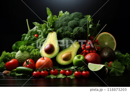 a set of fresh vegetables, spices and herbs, on a plate, delicious food 118873203