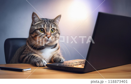 パソコンを見つめる猫　猫の手をかりてパソコン仕事 118873401