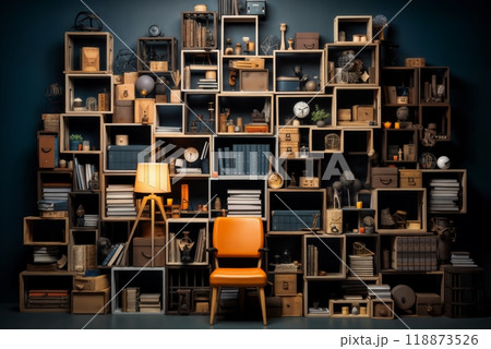 a bunch of shelves and boxes with various objects against the wall, as a background and part of the interior a bunch of shelves and boxes with various objects against the wall, as a background and part of the interior 118873526