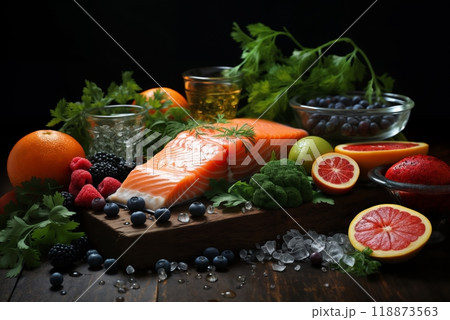 fillet of fish, with vegetables and herbs served on a plate with herbs, a delicious dish fillet of fish, with vegetables and herbs served on a plate with herbs, a delicious dish 118873563