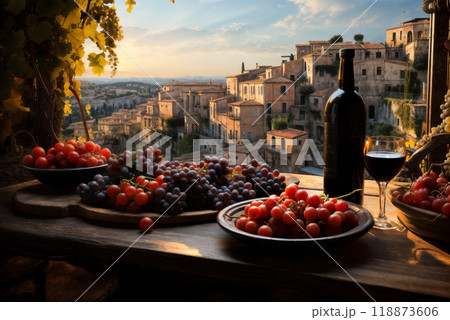 wine in glasses and bottle, fresh grapes on the windowsill, with view of the old town on the hills at sunset wine in glasses and bottle, fresh grapes on the windowsill, with view of the old town on the hills at sunset 118873606