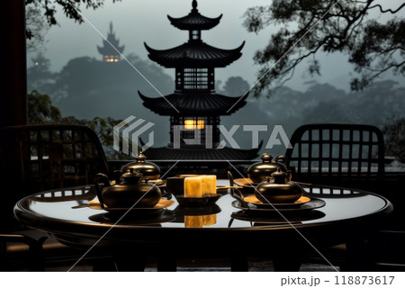 tea ceremony table with a view of the pagoda in the park, in the evening tea ceremony table with a view of the pagoda in the park, in the evening 118873617