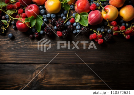 still life with bunches of apples, berries and fresh and juicy fruits against a dark old wooden background, rural vintage style, the concept of fresh and healthy food 118873621