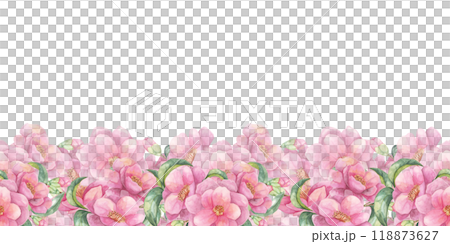 Pink flowers and green foliage form a lower-edge seamless border in this watercolor clipart. Camellia japonica for adding a delicate touch to wedding stationery, digital banners, or printable invites Pink flowers and green foliage form a lower-edge seamless border in this watercolor clipart. Camellia japonica for adding a delicate touch to wedding stationery, digital banners, or printable invites 118873627