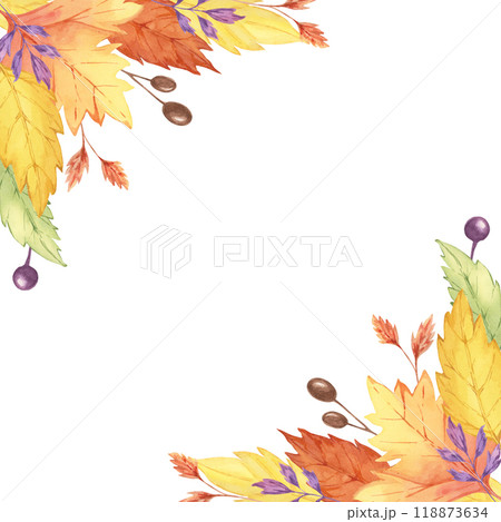Autumn frame watercolor clipart showcasing a corner arrangement of yellow, orange, and purple leaves and berries. Perfect for fall event invitations, greeting cards, and seasonal digital art. 118873634