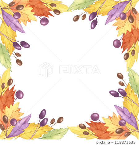 Leaves watercolor clipart frame depicting an arrangement of yellow, orange, and purple leaves and berries forming a square border. Ideal for fall-themed scrapbooking, greeting cards, and invitations 118873635