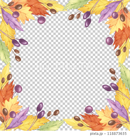 Leaves watercolor clipart frame depicting an arrangement of yellow, orange, and purple leaves and berries forming a square border. Ideal for fall-themed scrapbooking, greeting cards, and invitations 118873635