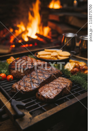 cooking meat with vegetables and herbs on fire, barbecue, flames and smoke, delicious food 118873700