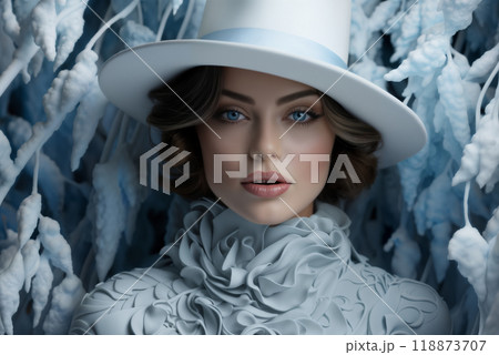 Portrait of a fashionable and elegant girl, against the background of winter, branches with snow, face makeup, hat and dress, hairstyle, style and fashion 118873707