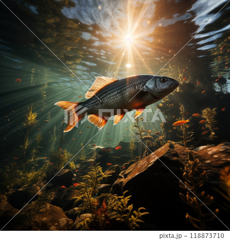 fish underwater close view, in a lake or river, fauna of the underwater world 118873710