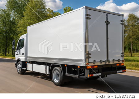 A white truck is driving on the road against the background of a summer landscape 118873712
