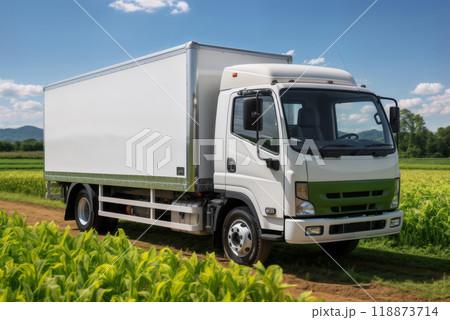 A white truck is driving on the ground road against the background of a summer agricultural field 118873714
