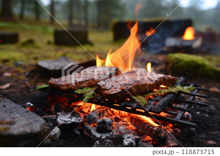 outdoor cooking meat with vegetables and herbs on fire, barbecue, flames and smoke, delicious food 118873715