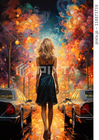 a girl in a dress walks down the street of a night city, bright street lights, colorful illustration 118873719