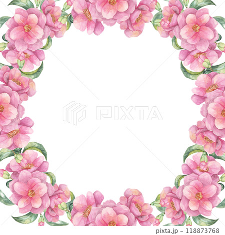 Pink camellia watercolor clipart displaying an oval floral frame with lush blooms. Hand drawn Illustration Suitable for designing event invitations, personalized stationery, and wall art Pink camellia watercolor clipart displaying an oval floral frame with lush blooms. Hand drawn Illustration Suitable for designing event invitations, personalized stationery, and wall art 118873768