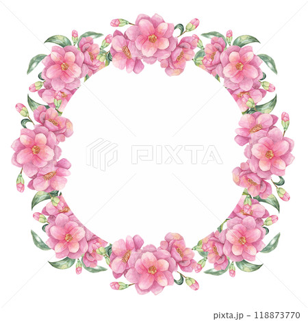 Camellia japonica watercolor clipart with an elegant floral wreath of pink flowers. Round frame Perfect for creating wedding invitations, greeting cards, and custom prints 118873770