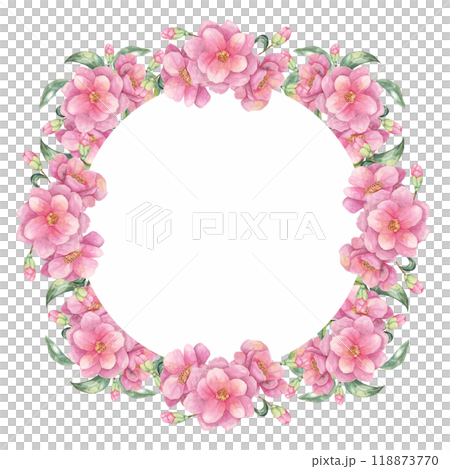 Camellia japonica watercolor clipart with an elegant floral wreath of pink flowers. Round frame Perfect for creating wedding invitations, greeting cards, and custom prints 118873770