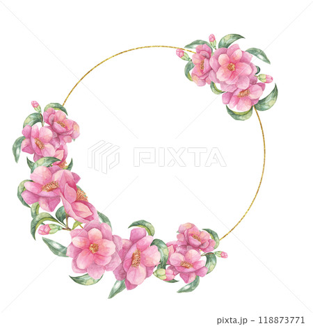 Camellia japonica watercolor clipart featuring a gold-lined circle frame adorned with pink flowers and green leaves. Perfect for wedding stationery, social media posts, and elegant designs Camellia japonica watercolor clipart featuring a gold-lined circle frame adorned with pink flowers and green leaves. Perfect for wedding stationery, social media posts, and elegant designs 118873771