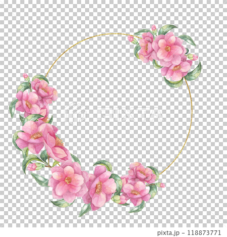 Camellia japonica watercolor clipart featuring a gold-lined circle frame adorned with pink flowers and green leaves. Perfect for wedding stationery, social media posts, and elegant designs Camellia japonica watercolor clipart featuring a gold-lined circle frame adorned with pink flowers and green leaves. Perfect for wedding stationery, social media posts, and elegant designs 118873771