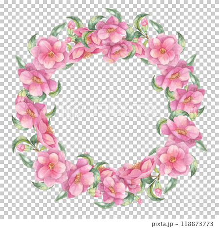 Pink camellia watercolor clipart with a circular arrangement of flowers and leaves forming a wreath. Round frame for labels, cosmetics, scrapbooking, seasonal decor, and custom gifts Pink camellia watercolor clipart with a circular arrangement of flowers and leaves forming a wreath. Round frame for labels, cosmetics, scrapbooking, seasonal decor, and custom gifts 118873773