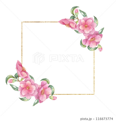 Camellia japonica watercolor clipart featuring a gold-lined square frame adorned with pink flowers and green leaves. Perfect for wedding stationery, social media posts, and elegant designs Camellia japonica watercolor clipart featuring a gold-lined square frame adorned with pink flowers and green leaves. Perfect for wedding stationery, social media posts, and elegant designs 118873774