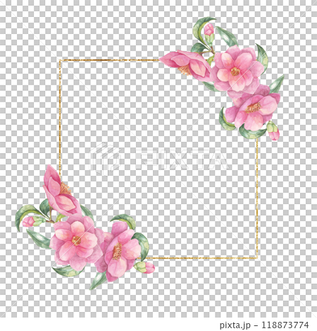 Camellia japonica watercolor clipart featuring a gold-lined square frame adorned with pink flowers and green leaves. Perfect for wedding stationery, social media posts, and elegant designs Camellia japonica watercolor clipart featuring a gold-lined square frame adorned with pink flowers and green leaves. Perfect for wedding stationery, social media posts, and elegant designs 118873774