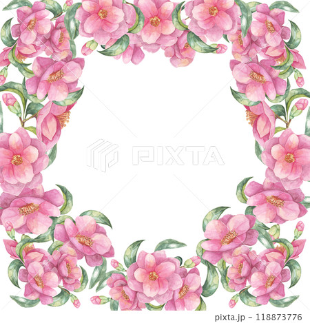 Camellia japonica watercolor clipart featuring a dense pink floral frame on a square background. Ideal for creating custom invitations, digital designs, scrapbooking, and decorative prints Camellia japonica watercolor clipart featuring a dense pink floral frame on a square background. Ideal for creating custom invitations, digital designs, scrapbooking, and decorative prints 118873776