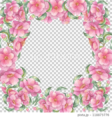 Camellia japonica watercolor clipart featuring a dense pink floral frame on a square background. Ideal for creating custom invitations, digital designs, scrapbooking, and decorative prints Camellia japonica watercolor clipart featuring a dense pink floral frame on a square background. Ideal for creating custom invitations, digital designs, scrapbooking, and decorative prints 118873776