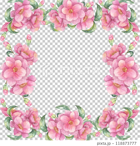 Pink camellia watercolor clipart displaying individual blooms and leaves in a square frame. This versatile design can be used for DIY crafts, print-on-demand products, and custom stationery 118873777
